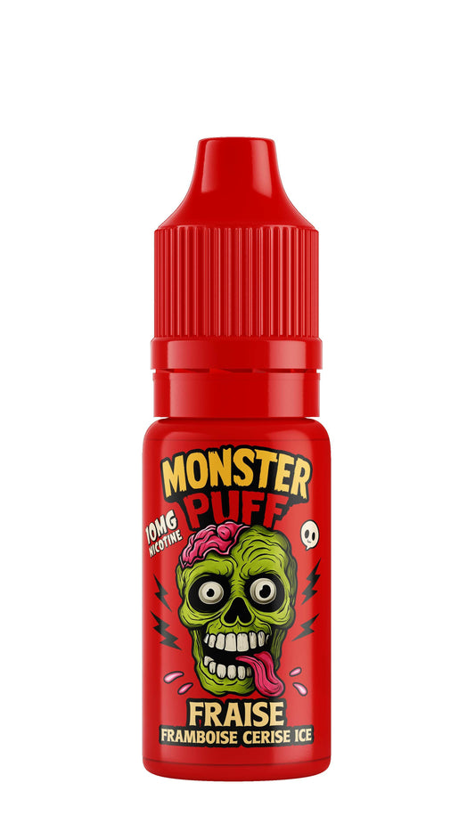 Bouteille d’e-liquide Monster Puff rouge, étiquette FRAISE, bouchon gouttes