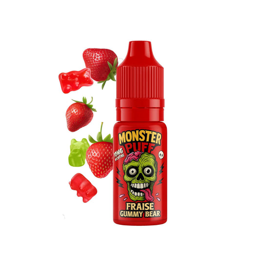 E-liquide Monster Puff fraise Gummy Bear, flacon rouge entouré de fraises