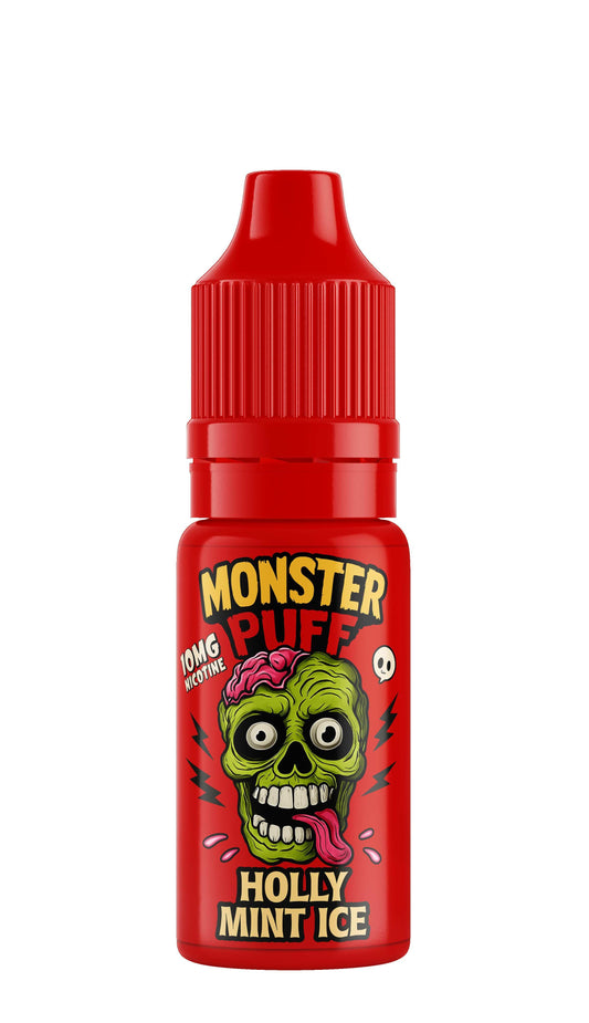 Flacon Eliquide Monster Puff rouge à embout goutte, étiquette Holly Mint Ice