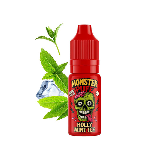 Flacon de Eliquide Monster Puff rouge avec embout goutte et étiquette Holly Mint Ice
