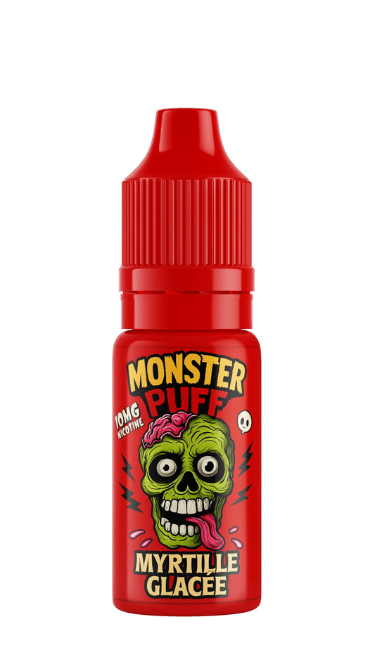 bouteille d’e-liquide Monster Puff Myrtille glacée 10 mg/ml, flacon rouge