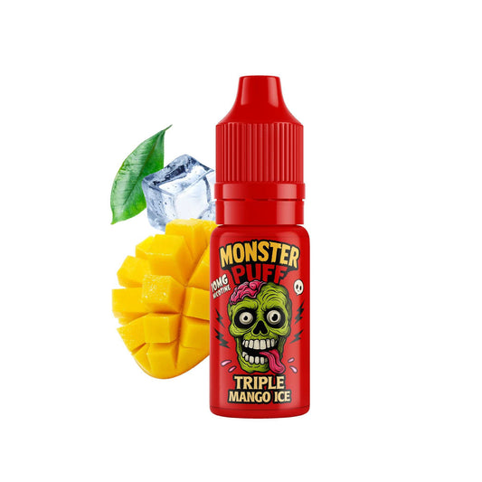 E-liquide Monster Puff Triple Mango Ice, flacon rouge avec bouchon strié 10 ml