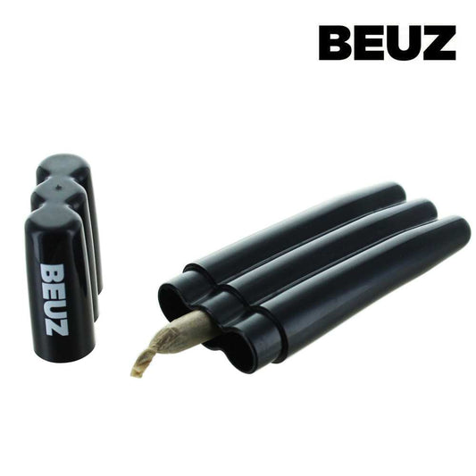 Étui cylindrique noir BEUZ pour cônes pré-roulés, marquage BEUZ.
