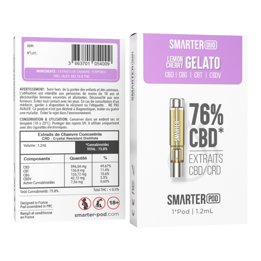 Boîte de pods CBD, étiquette arrière : ingrédients, avertissements et lot.