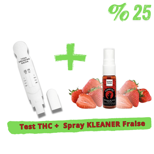 Coffret test THC avec spray désinfectant fraise, flacon et bâtonnets de test
