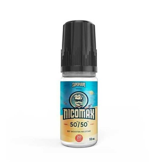 Flacon de booster de nicotine Nicomax 10 ml, bouchon noir, étiquette turquoise 50/50