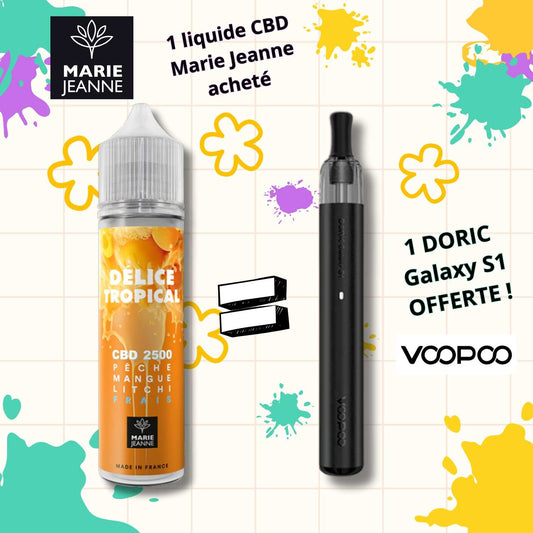 Flacon d’e-liquide CBD Delice Tropical Marie Jeanne 2500 mg + stylo Doric Galaxy S1 VOOPO