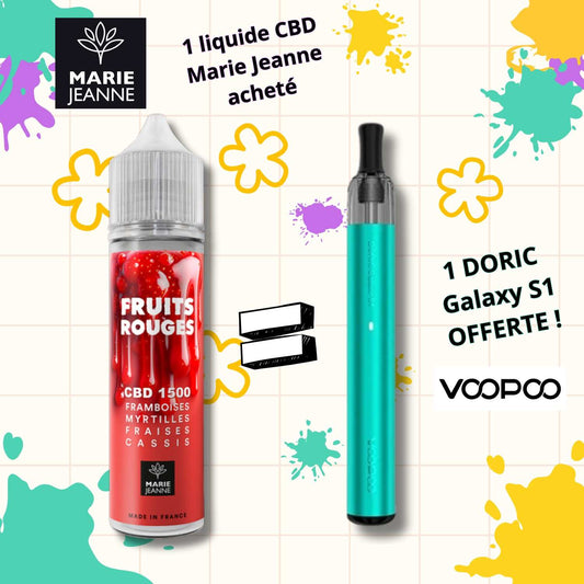 Pack Marie Jeanne : e-liquide CBD Fruits Rouges en flacon rouge et Doric Galaxy S1 turquoise