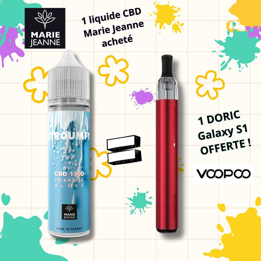 Pack de deux e-liquides CBD en flacons, TROUMFY bleu et Doric Galaxy S1 rouge.