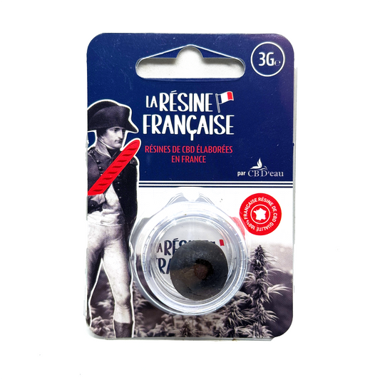 Résine CBD dans pot rond noir, emballage blister bleu 3 g