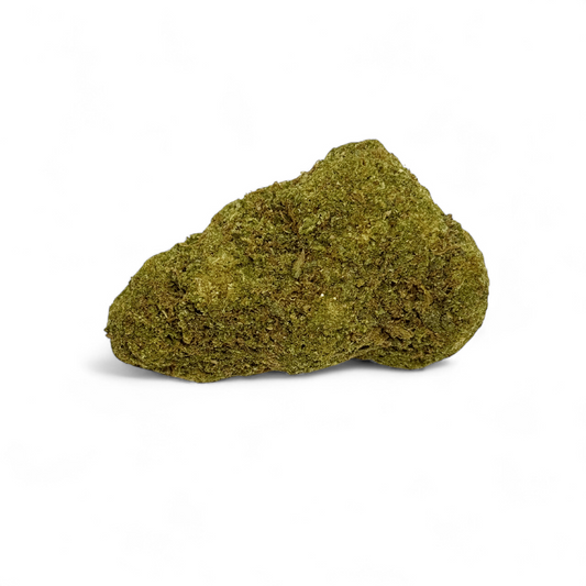 Bourgeon de CBD vert, forme irrégulière, texture dense et granuleuse
