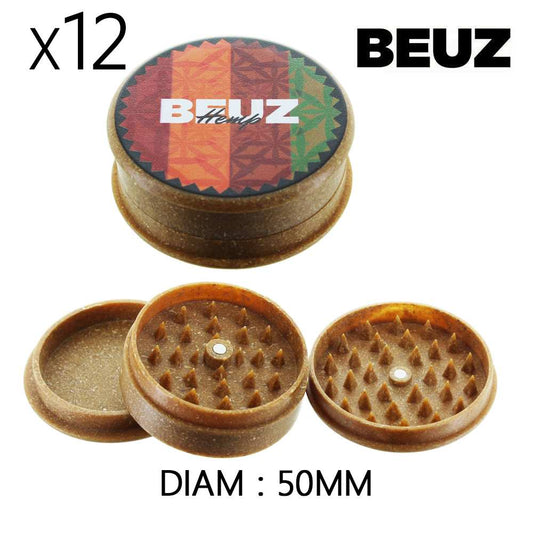 Grinders en chanvre Beuz Hemp (x12), diam. 50 mm : couvercles et bases ouvertes
