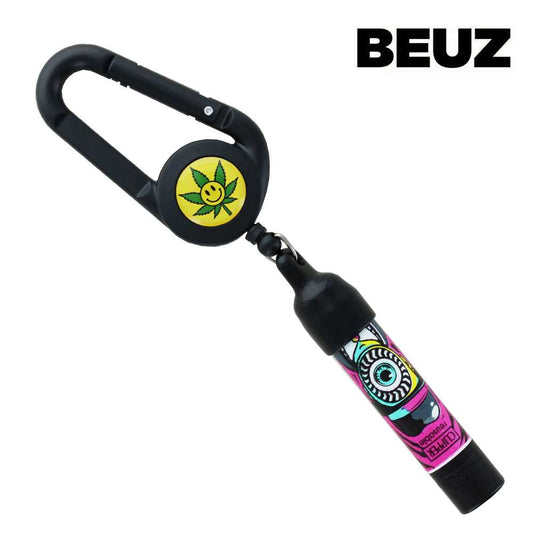 Porte-briquet noir à clip, décor soleil/feuille jaune et briquet à motif coloré