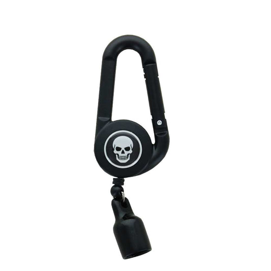 Porte-briquet noir à mousqueton et écusson crâne, dragonne avec embout noir