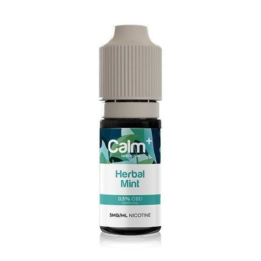 Flacon d’e-liquide CBD Herbal Mint Calm+ 10 ml, bouchon gris, étiquette bleue.