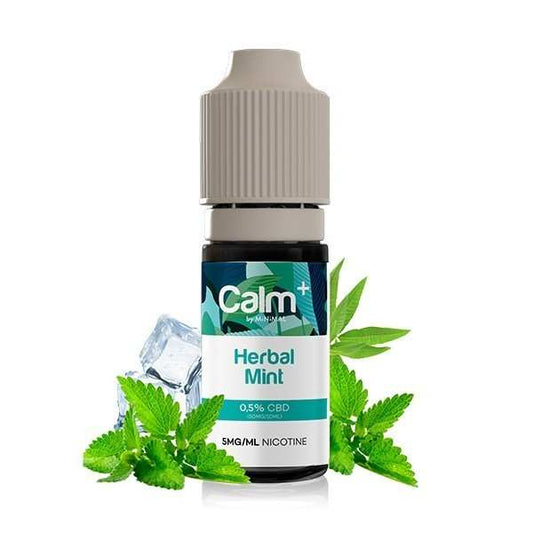 Flacon d’e-liquide CBD Herbal Mint Calm+ 10 ml avec feuilles de menthe et glaçon.