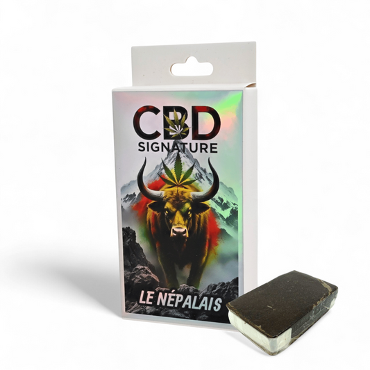 Résine de CBD Le Népalais en barrette, étui CBD Signature coloré