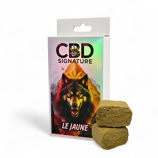 Résine de CBD Le Jaune CBD Signature : étui et deux plaquettes de résine verte
