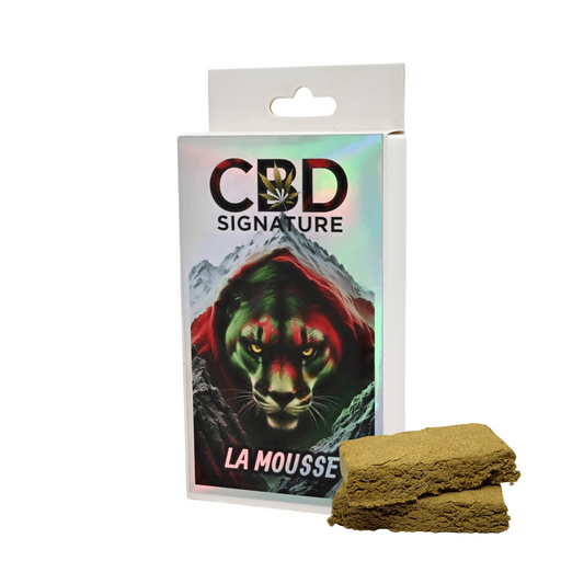 Résine de CBD La Mousse, mottes vert olive, dans un étui CBD Signature