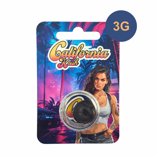 Résine California Kush en pot noir, emballage blister 3 g avec badge 3G