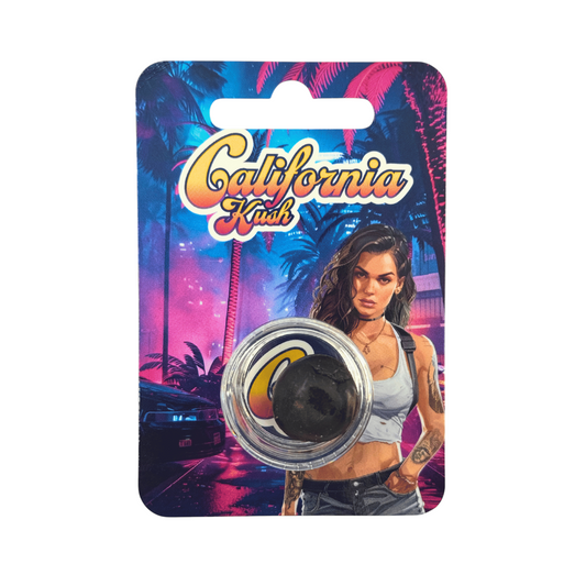 Résine California Kush en pot noir, dans emballage blister avec étiquette 3 g