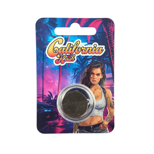 Résine California Kush en pot rond noir dans emballage blister, 3 g