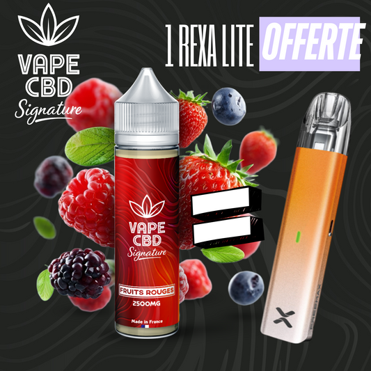 Flacon d’e-liquide CBD Fruits rouges 50 ml, capuchon argenté, 2500 mg, avec vape orange