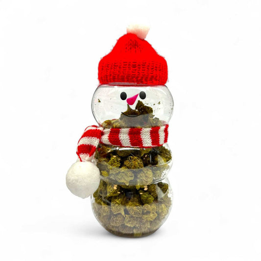 Bonbonne en forme de bonhomme de neige, chapeau rouge et fleurs CBD vertes