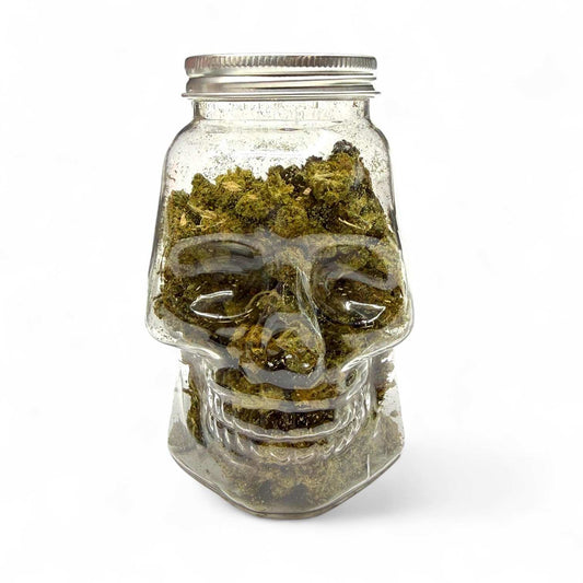 Bocal en verre scellé en forme de crâne, fleurs CBD vertes
