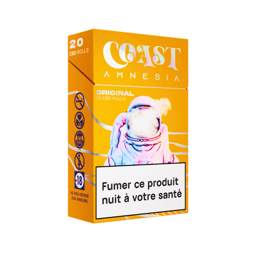 Boîte de cigarettes CBD COAST AMNESIA orange, étiquette « nuit à votre santé ».