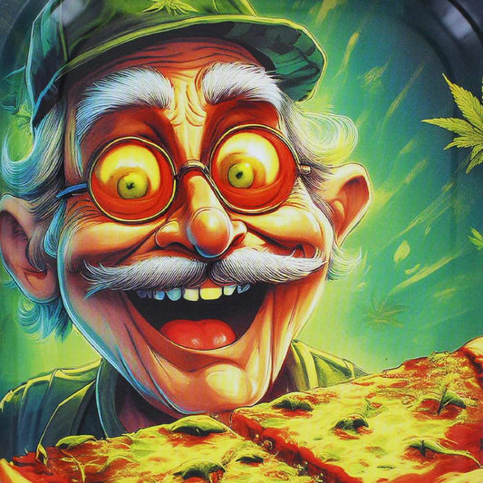 Plateau de roulage Beuz Weed N' Pizza illustré visage d’homme âgé aux feuilles vertes