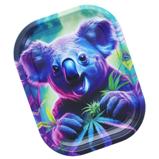 Plateau de roulage Beuz motif koala bleu, feuilles et bord noir arrondi