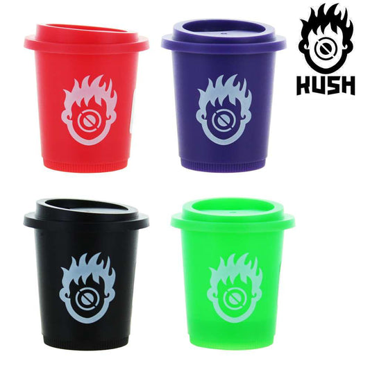 Lot de boîtes en plastique Kush avec mini grinder, gobelets logo rouge, violet, noir, vert