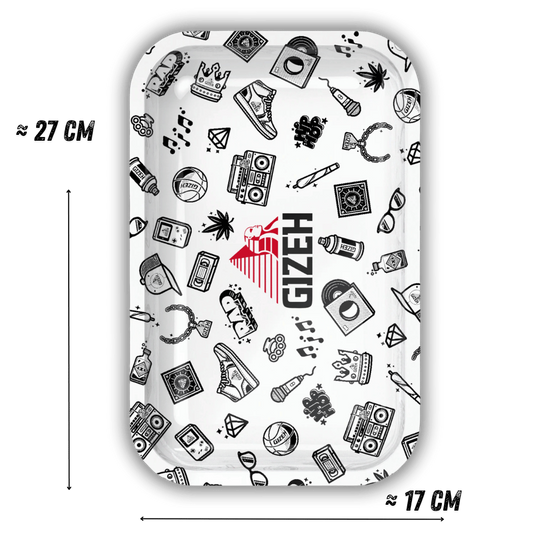 Plateau de roulage GIZEH Comic blanc, motifs illustrés, logo central GIZEH