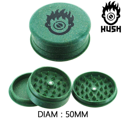 Broyeur à chanvre Kush vert 50 mm, ouvert, meules dentelées et couvercles.
