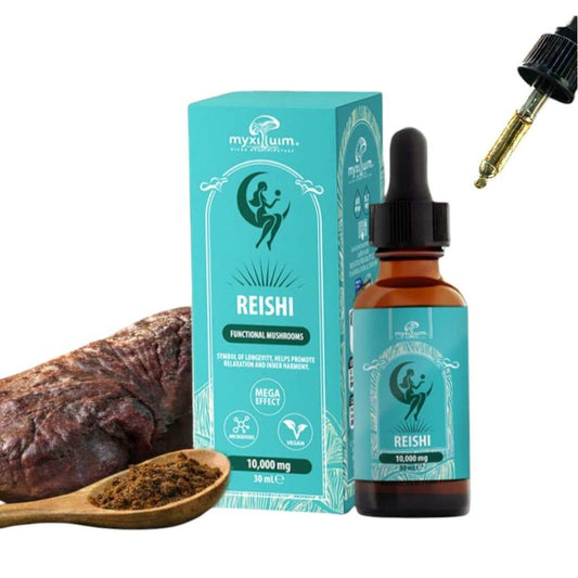 Flacon compte-gouttes brun foncé d’extrait de Reishi avec sa boîte turquoise