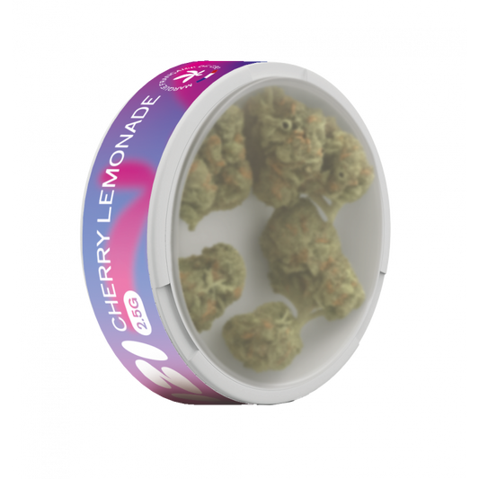 Pot IZI de fleurs CBD avec bourgeons verts visibles à l’intérieur