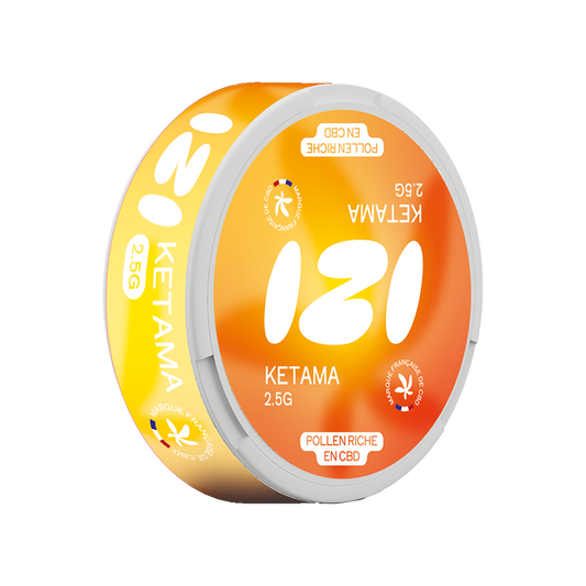 Boîte ronde de pollen CBD Ketama, couvercle orange avec étiquette 2,5 g