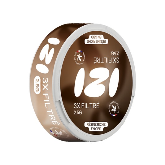 Pot de résine CBD IZI 3x filtrée, couvercle marron/blanc, 2,5 g