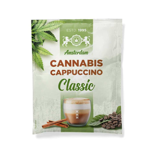 Sachet de cappuccino chanvre Classique Cannabis, emballage vert et beige MULTITRANCE