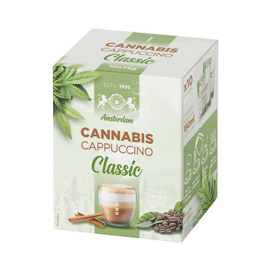 Boîte de 10 sachets cappuccino chanvre Classique Cannabis, emballage vert et beige MULTITRANCE