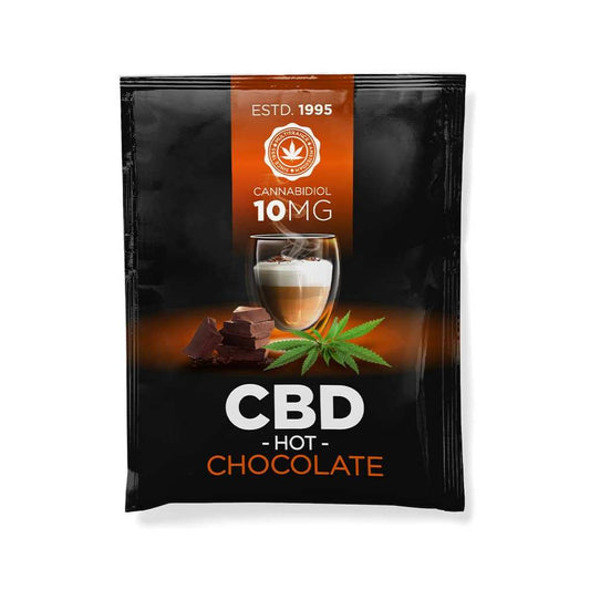 Sachet de chocolat chaud CBD 10 mg, emballage noir et orange MULTITRANCE, 10 sachets