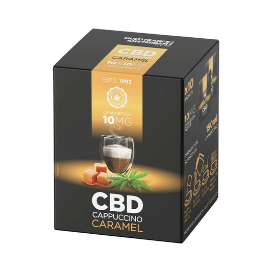 Boîte de sachets CBD cappuccino caramel 10 mg, emballage noir et or