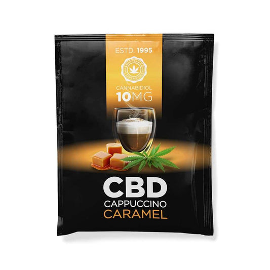 Sachets CBD cappuccino caramel 10 mg, emballage noir et doré