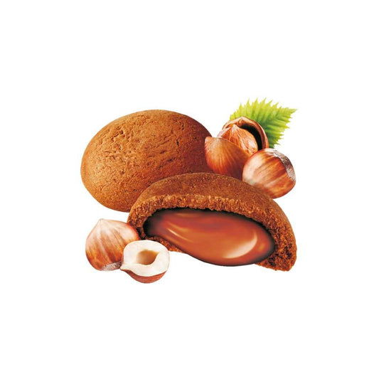 Biscuits CBD noisettes : biscuits bruns et garniture au chocolat, noisettes.