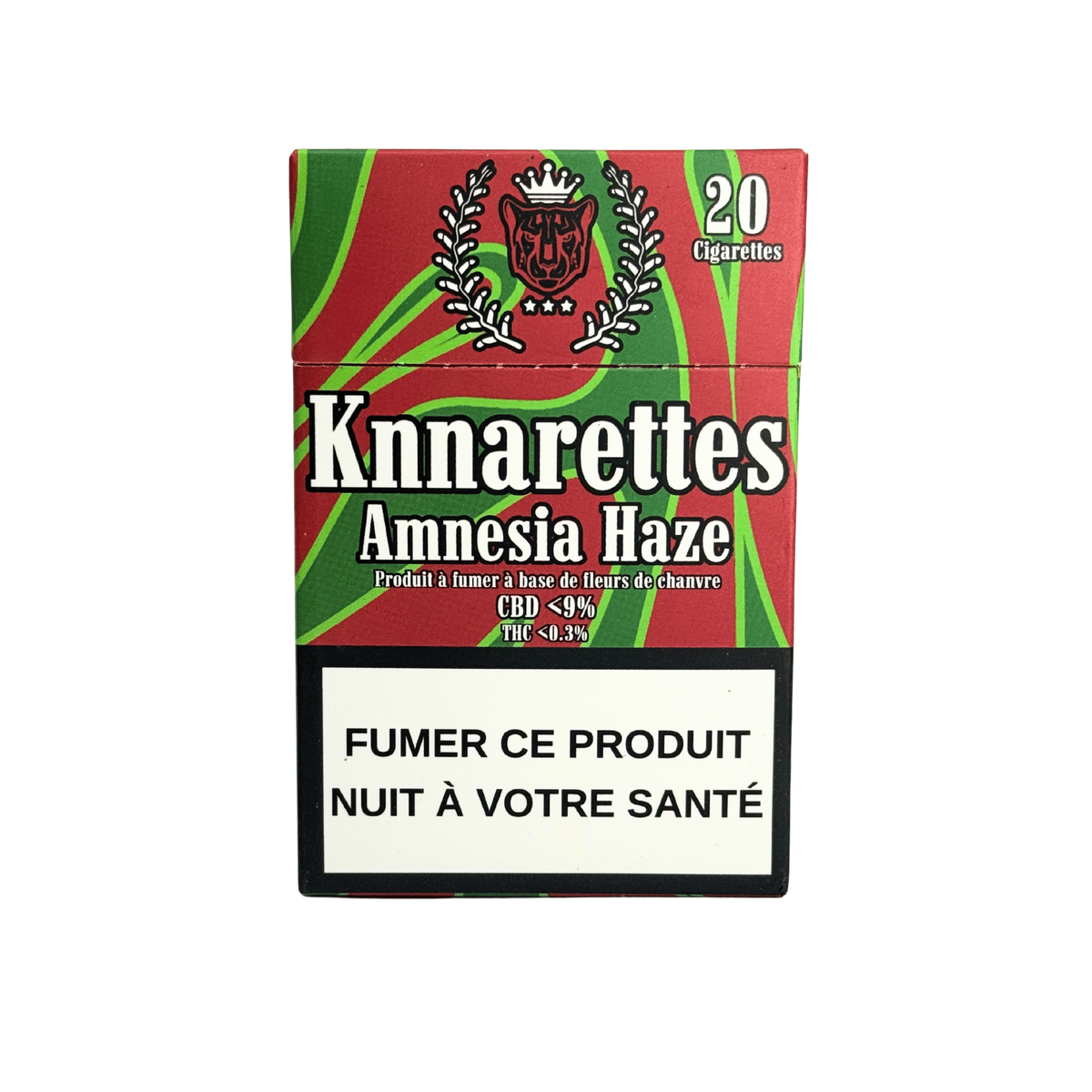 Paquet de cigarettes CBD Knnarettes Amnesia Haze vert et rouge, 20 cigarettes