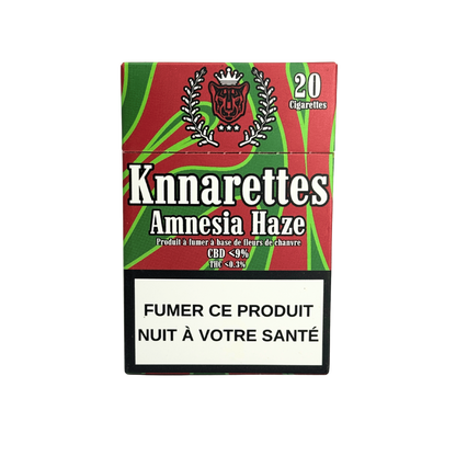 Paquet de cigarettes CBD Knnarettes Amnesia Haze vert et rouge, 20 cigarettes