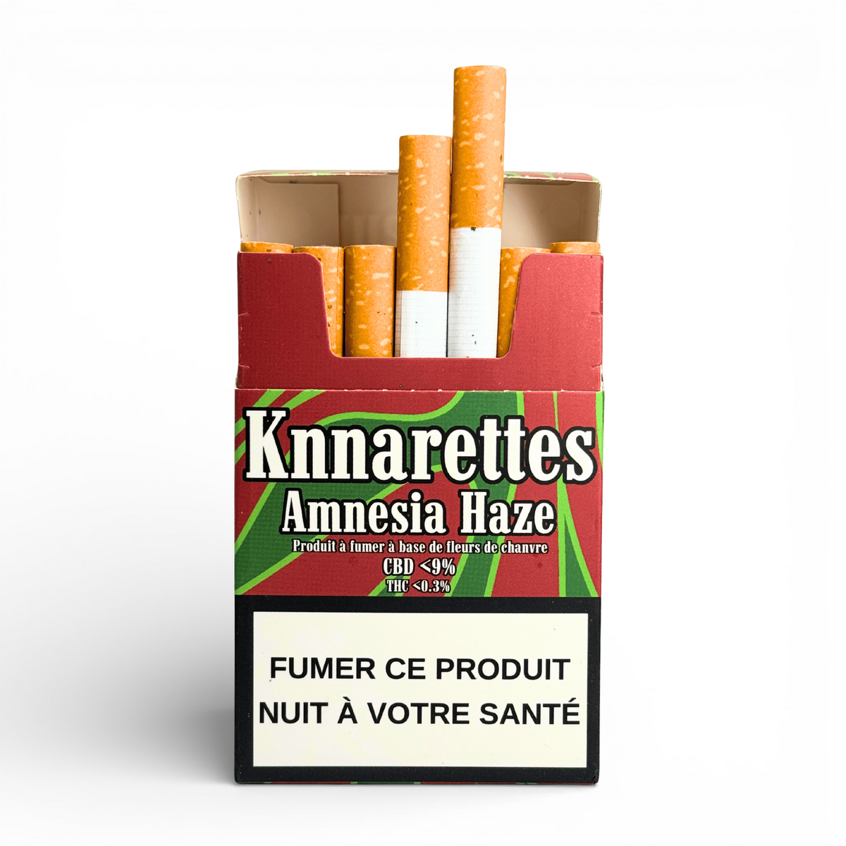 Paquet de cigarettes CBD Knnarettes Amnesia Haze avec cigarettes orange et filtres blancs