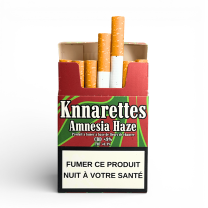 Paquet de cigarettes CBD Knnarettes Amnesia Haze avec cigarettes orange et filtres blancs