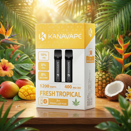 Boîte de pod CBD Kanavape Fresh Tropical, emballage jaune et blanc